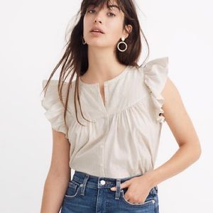 Madewell cream ruffle sleeve bib top with metallic multicolor thin stripes.